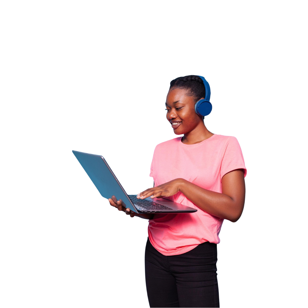 A smiling Black woman wearing headphones and holding a laptop